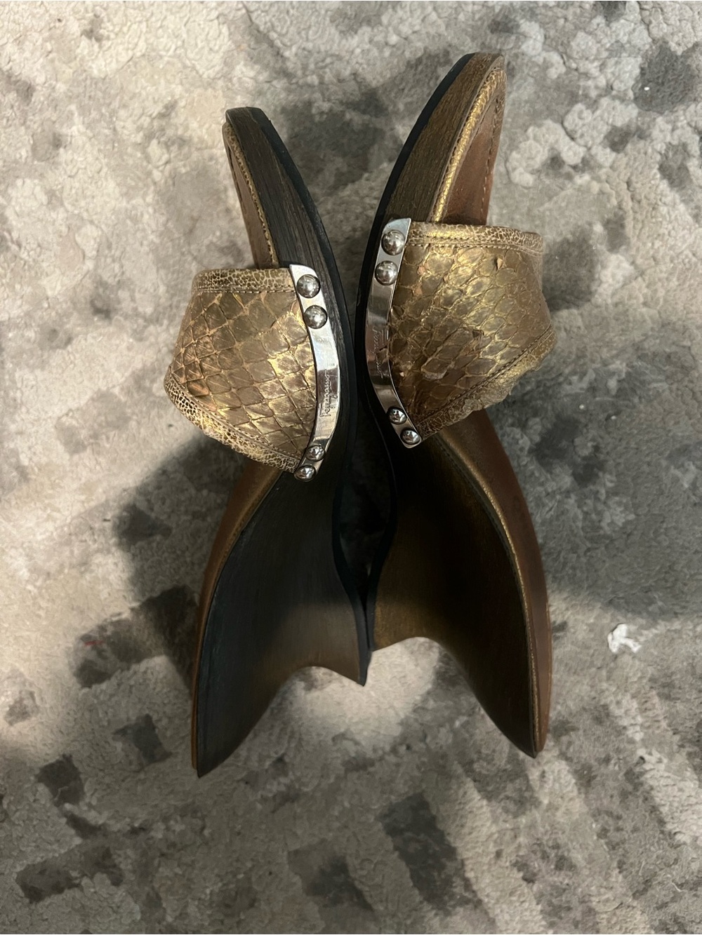 Salvatore Ferragamo Metallic Gold Snake-Effect Slide Sandals